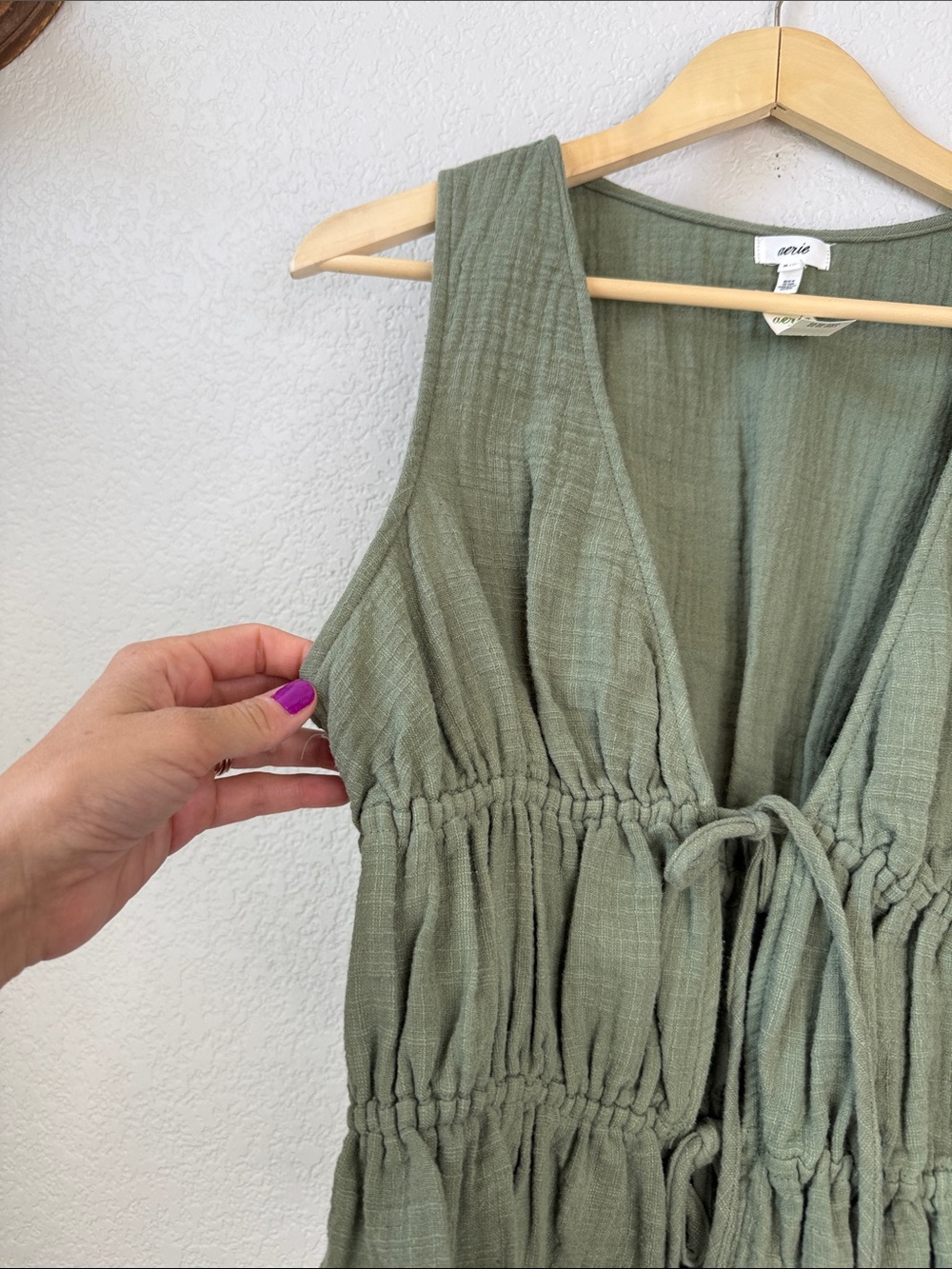 Aerie Sleeveless Drawstring Tank Top Gauze Cotton Cottagecore Olive Green Medium - Picture 4 of 10